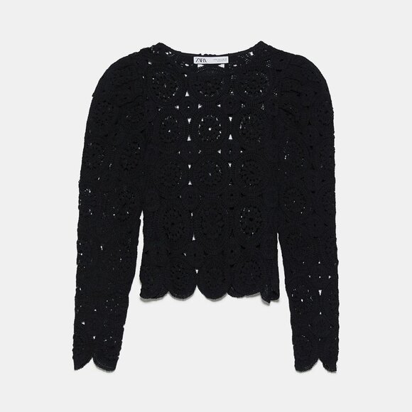 NWT Zara Textured Weave Top With Voluminous Sleeves in Black - Size Small - Picture 7 of 9